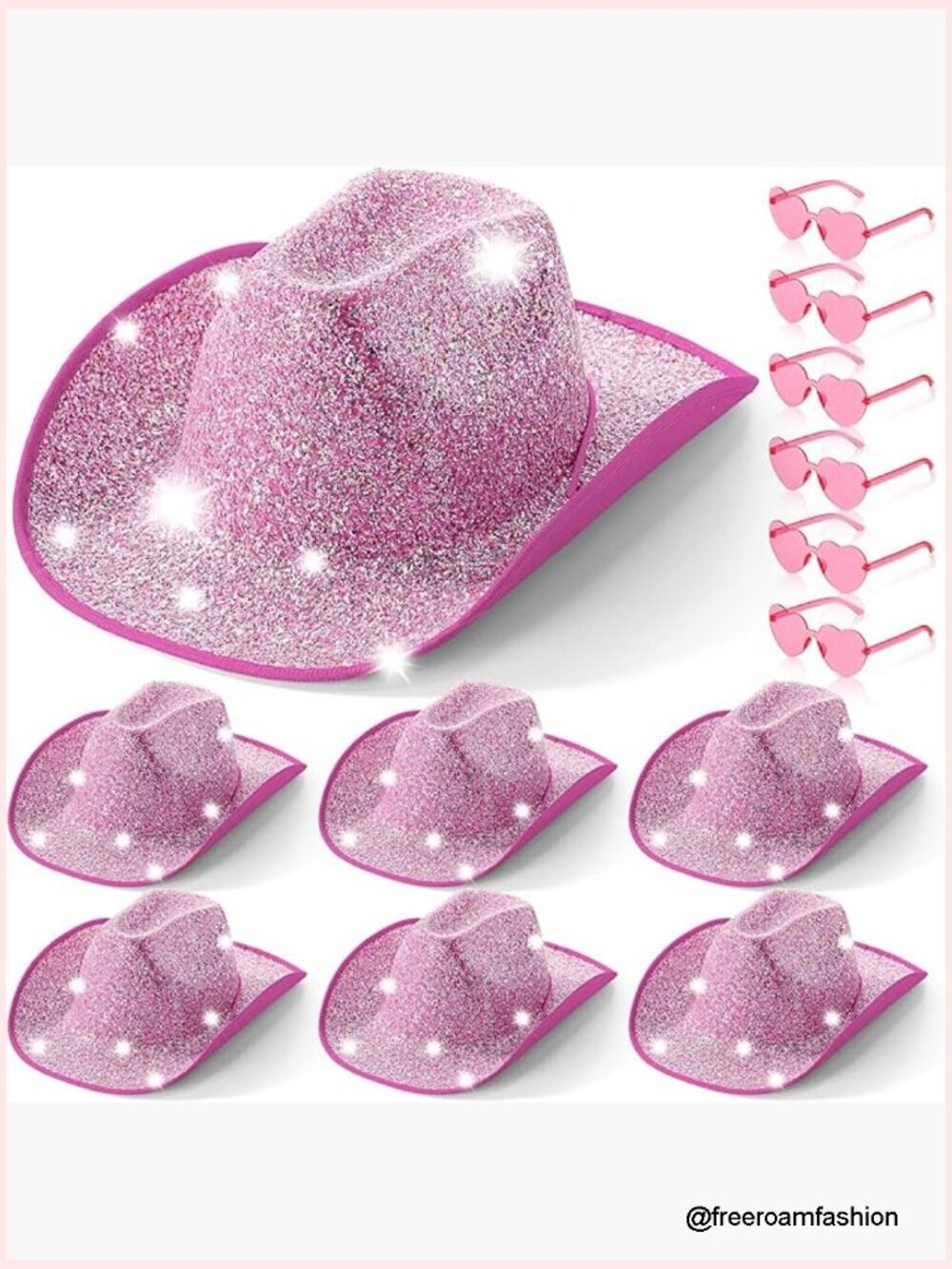 6 Cowgirl Hats with Heart Sunglasses Neon Party Set